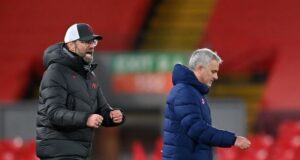 Jurgen Klopp celebrates after sealing a victory over Jose Mourinho and his Tottenham side in the English Premier League